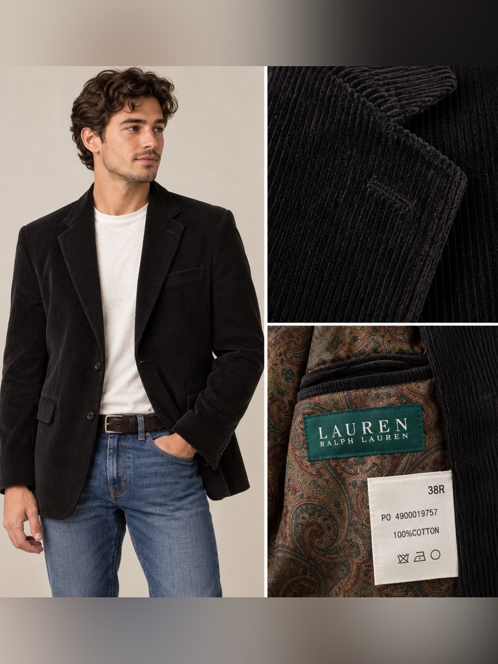 Lauren Ralph Lauren Mens Corduroy Sport Coat Black Blazer size 38R